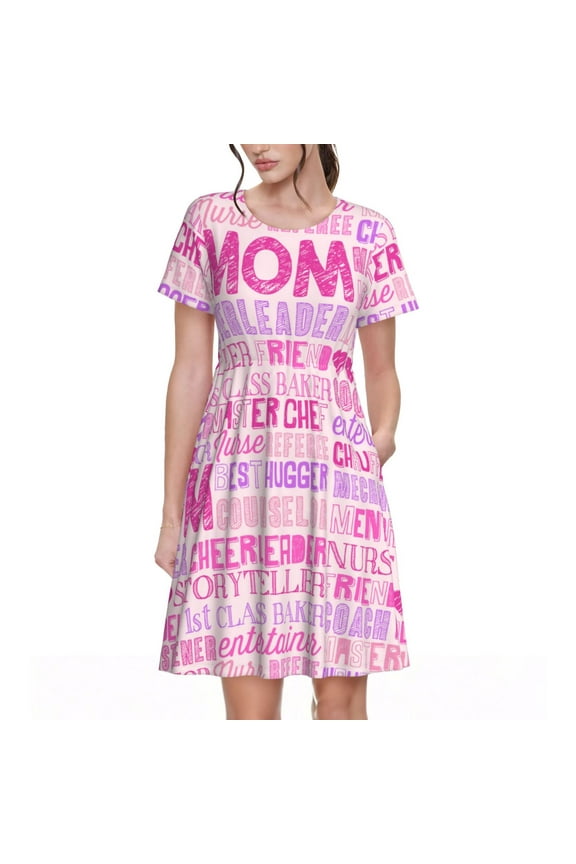 Best Mom ever Pattern Womens Summer Dresses Short Sleeve Sundress 2025 Beach Vacation Dresses with Pockets -Large