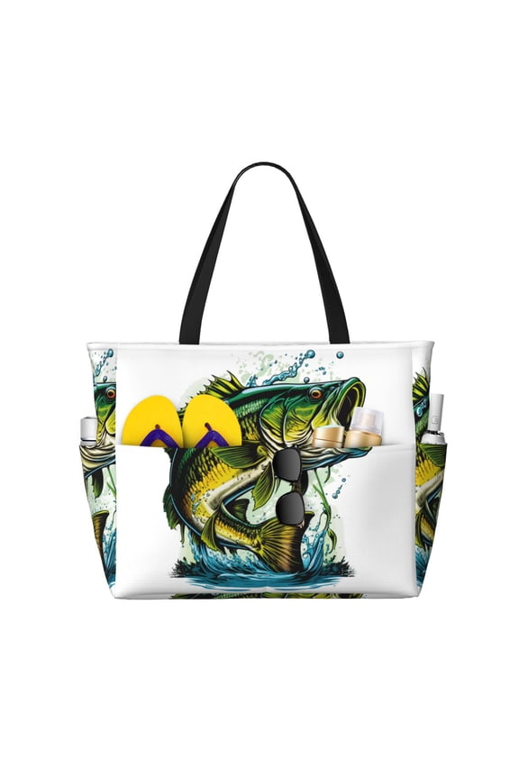 Big bass fish Pattern Beach Bag for Women - Large Beach Tote Bag Waterproof Sandproof Swim Pool Bag Everyday Bag Handbags with Zipper