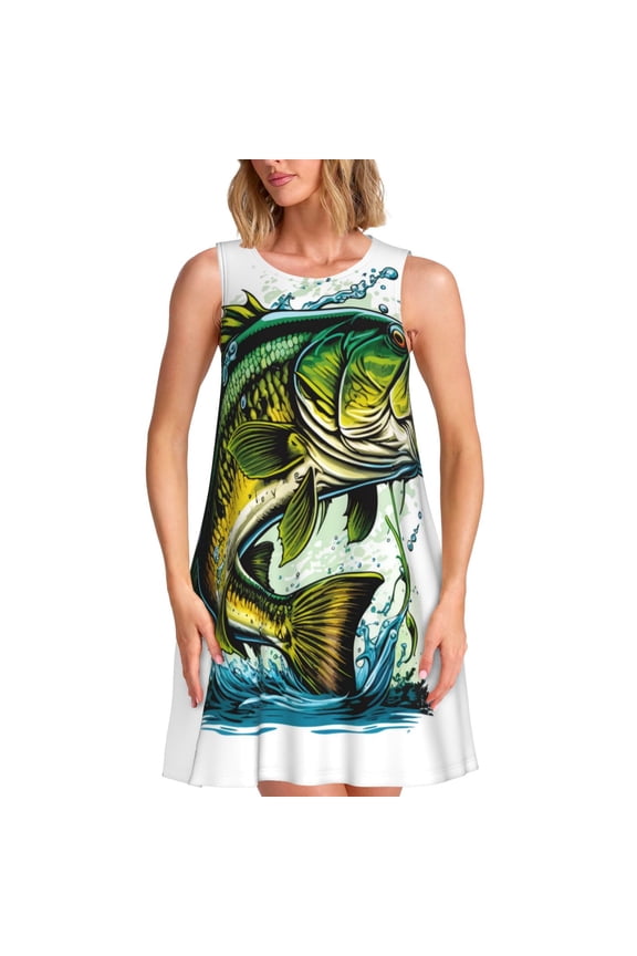 Big bass fish Pattern Women's Summer Dresses 2025 Beach Casual Sleeveless Tank Loose Sundress Beach Vacation Clothes with Pocket -Medium