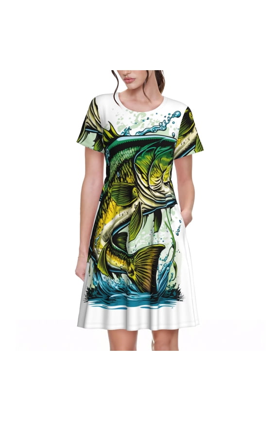 Big bass fish Pattern Womens Summer Dresses Short Sleeve Sundress 2025 Beach Vacation Dresses with Pockets -3X-Large