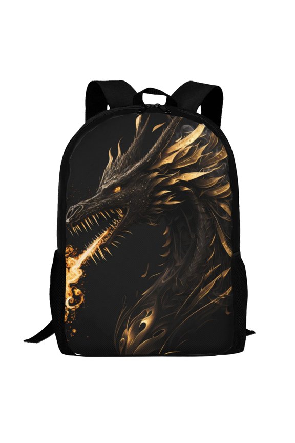 Black And Gold Fire Dragon Pattern Carry on Backpack,16.5x12.5x5.5 Personal Item Bag Carry On Backpack Water Resistant Lightweight Daypack