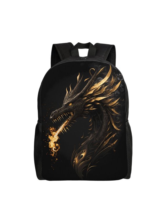 Black And Gold Fire Dragon Print Backpack -Travel,or Work Bookbag Daypacks with 15-Inch Laptop Sleeve and Dual Water Bottle Pockets