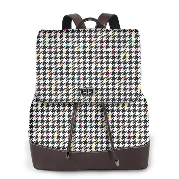 Defioc Black And White Houndstooth Print PU Leather Backpack,Backpack Purse for Women Fashion Multipurpose Design Handbag Ladies Bags Travel Backpack