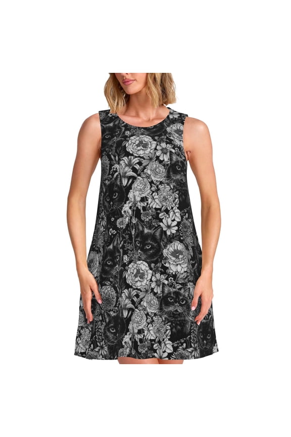 Black Cats In A Garden Pattern Women's Summer Dresses 2025 Beach Casual Sleeveless Tank Loose Sundress Beach Vacation Clothes with Pocket -3X-Large