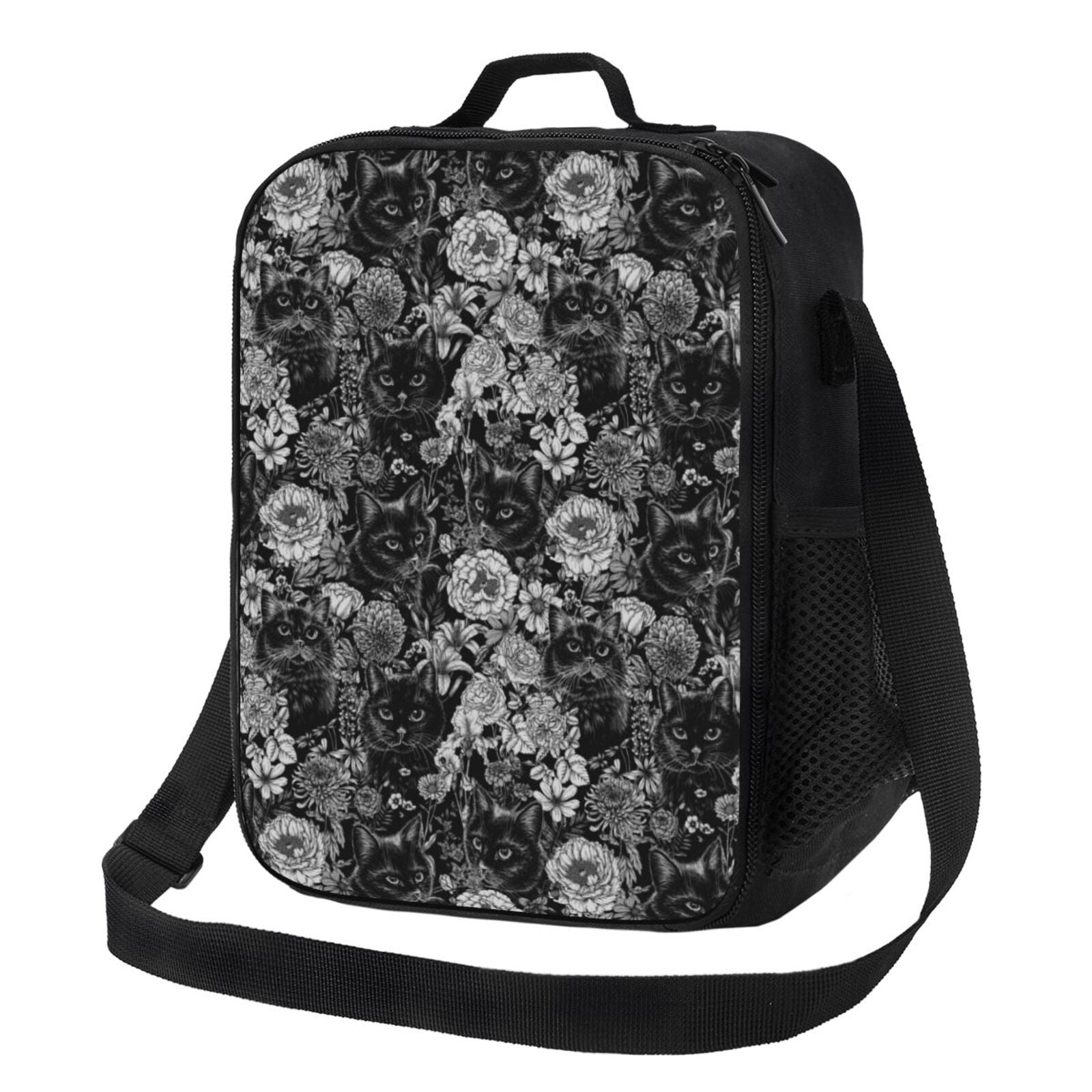 Defioc Black Cats In A Garden Print Lunch Box for Men & Women, Insulated Lunch Bag Thickened Thermal Leakproof Lunch Tote Bag for Adult Office Travel Picnic