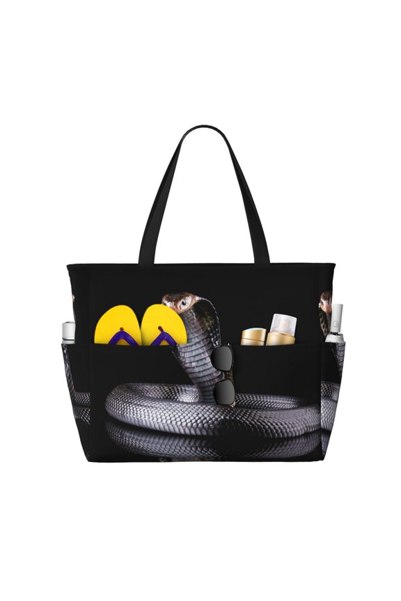 Black Cobra Snake Pattern Beach Bag for Women - Large Beach Tote Bag Waterproof Sandproof Swim Pool Bag Everyday Bag Handbags with Zipper