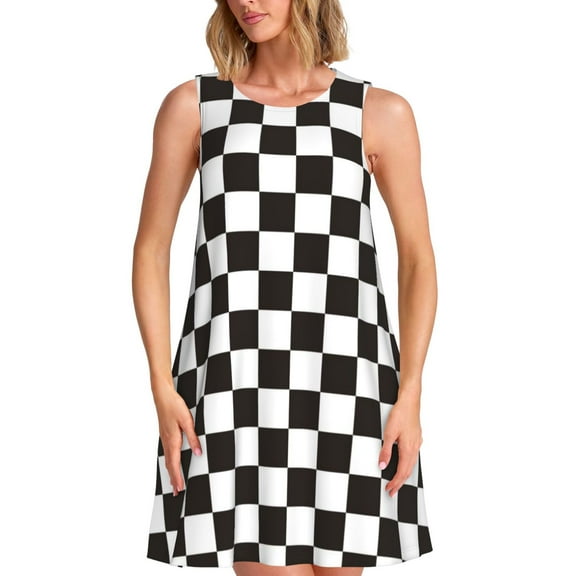 Defioc Black and White Checkerboard Pattern Women's Summer Dresses 2025 Beach Casual Sleeveless Tank Loose Sundress Beach Vacation Clothes with Pocket -XX-Large