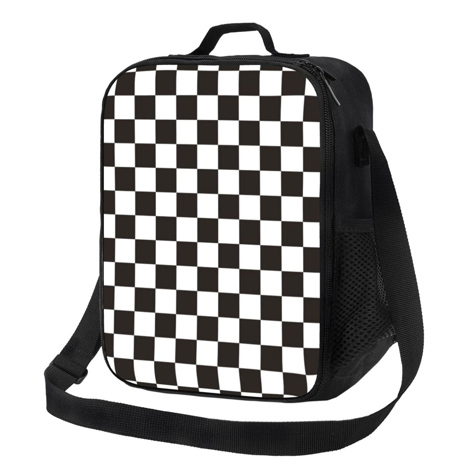 Defioc Black and White Checkerboard Print Lunch Box for Men & Women, Insulated Lunch Bag Thickened Thermal Leakproof Lunch Tote Bag for Adult Office Travel Picnic