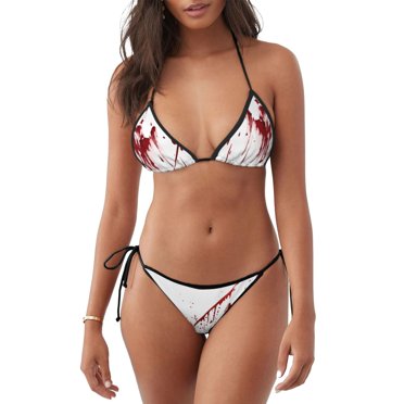 Defioc Bloody Hand Pattern Sexy Bikini Set for Women,Two Piece Swimsuit V Neck Swimwear Halter Tie Bathing Suit Self Tie Spaghetti Straps -Small