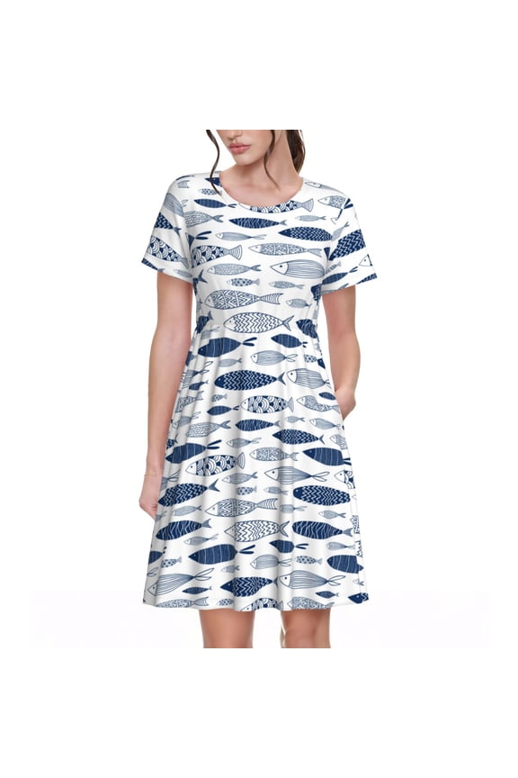 Blue Fish Pattern Womens Summer Dresses Short Sleeve Sundress 2025 Beach Vacation Dresses with Pockets -Medium