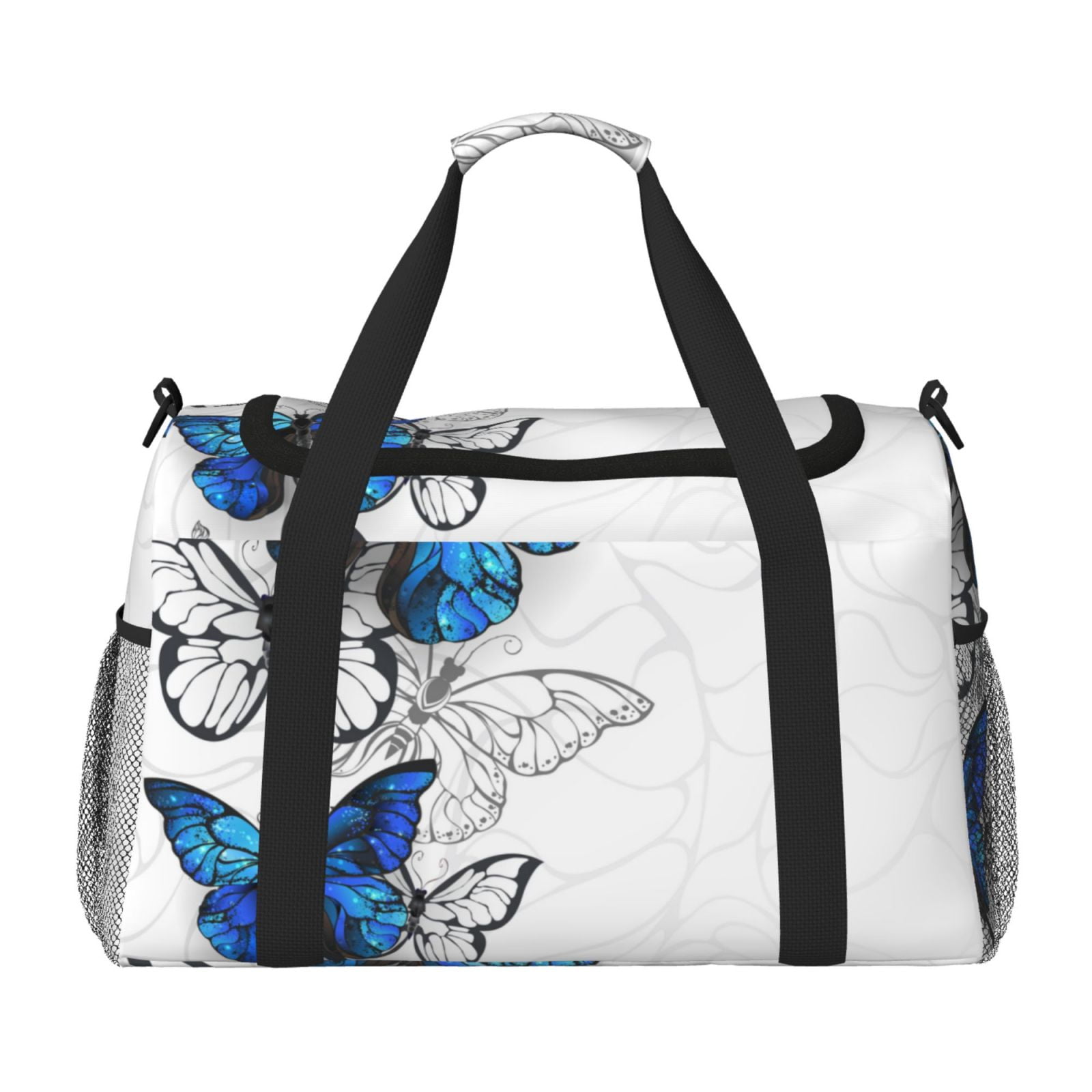 Defioc Blue Flying Butterflies Print Hand Travel Bag - Foldable Travel Duffel Bags for Men Women -Sport Gym Bag - Overnight Travel Duffel Bag - Adjustable Shoulder Strap
