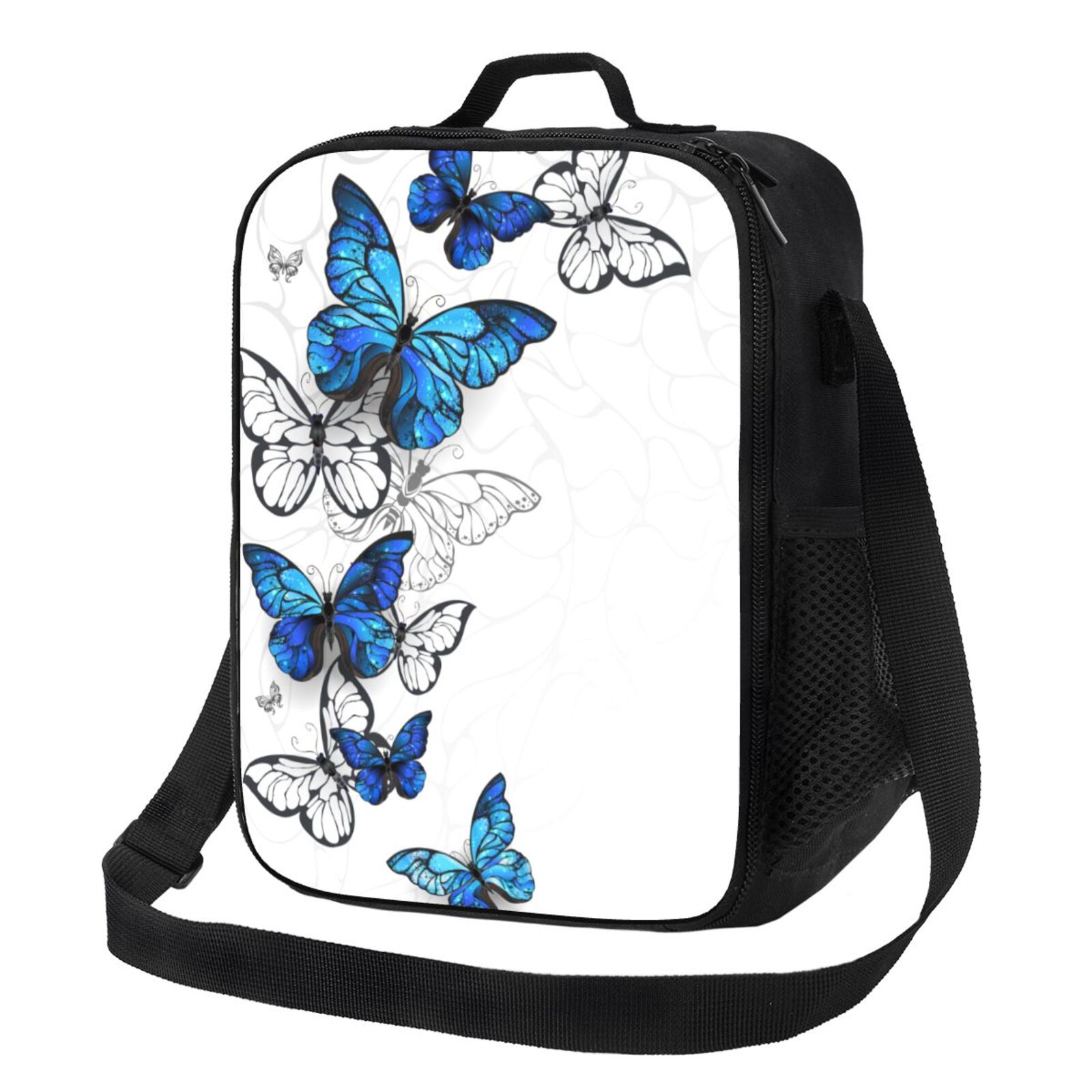 Defioc Blue Flying Butterflies Print Lunch Box for Men & Women, Insulated Lunch Bag Thickened Thermal Leakproof Lunch Tote Bag for Adult Office Travel Picnic