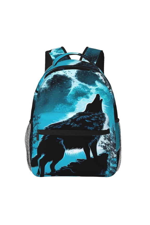 Blue Full Moon Wolf Pattern Laptop Backpack,Travel Backpack Outdoor Activities Bag Daypack for Travel Hiking Shopping Daily