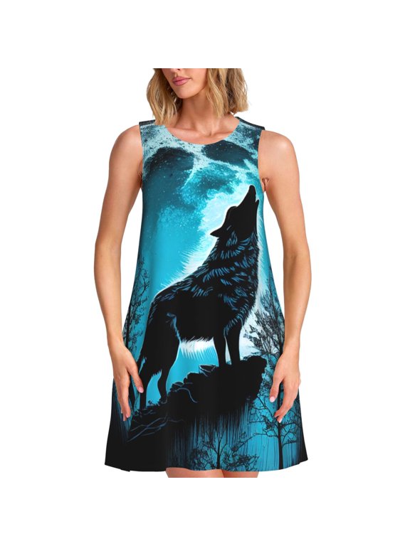 Blue Full Moon Wolf Pattern Women's Summer Dresses 2025 Beach Casual Sleeveless Tank Loose Sundress Beach Vacation Clothes with Pocket -X-Large