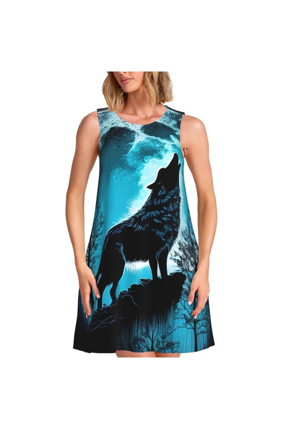 Blue Full Moon Wolf Pattern Women's Summer Dresses 2025 Beach Casual Sleeveless Tank Loose Sundress Beach Vacation Clothes with Pocket -X-Large