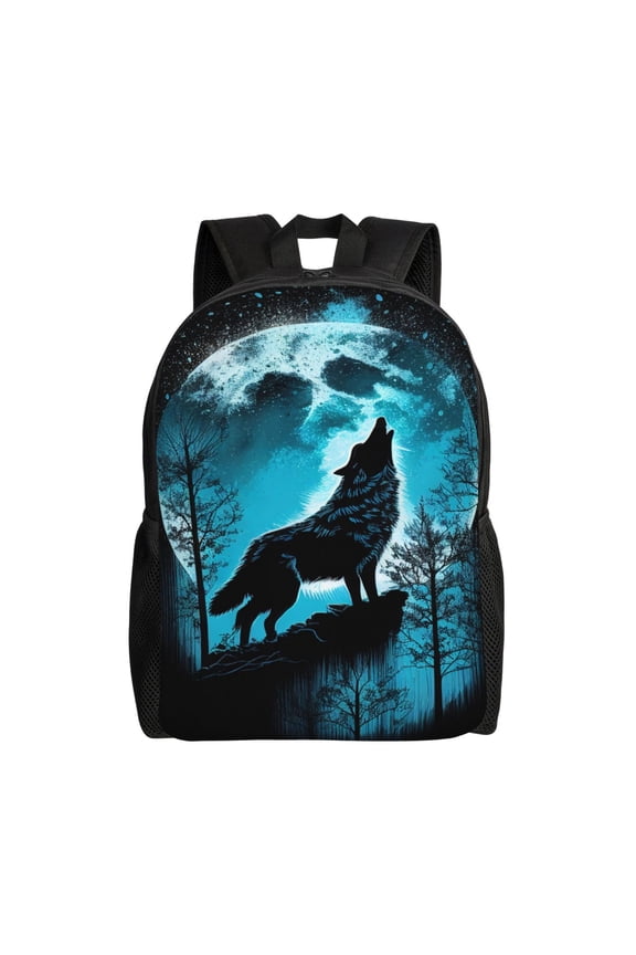 Blue Full Moon Wolf Print Backpack -Travel,or Work Bookbag Daypacks with 15-Inch Laptop Sleeve and Dual Water Bottle Pockets
