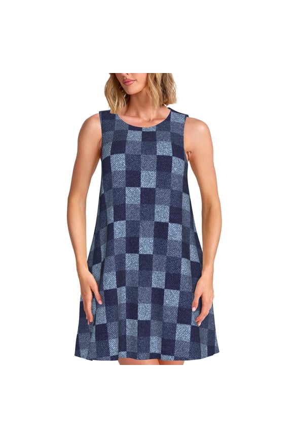 Blue Gingham Buffalo Check Pattern Women's Summer Dresses 2025 Beach Casual Sleeveless Tank Loose Sundress Beach Vacation Clothes with Pocket -Small