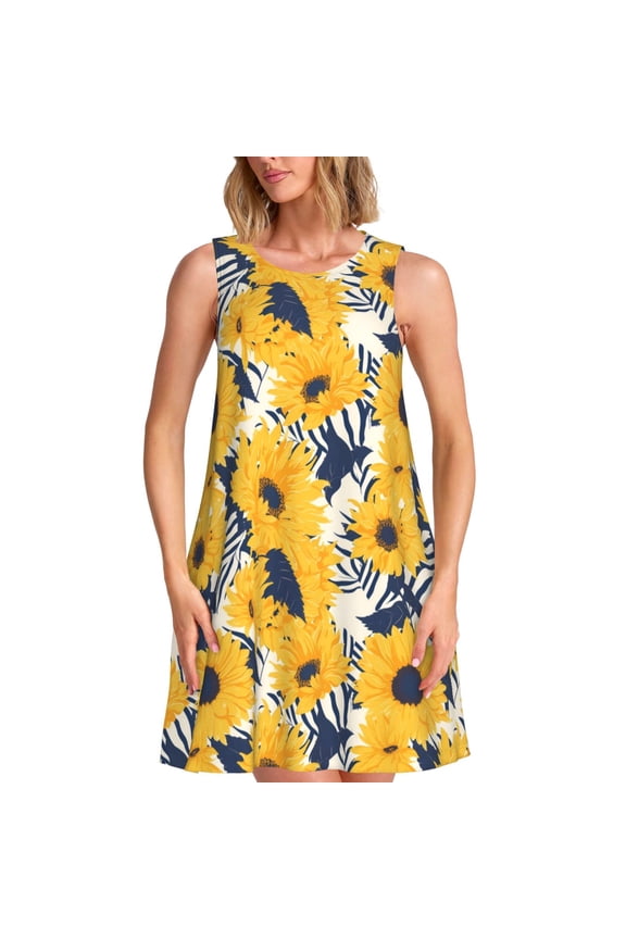 Blue Striped Sunflower Pattern Women's Summer Dresses 2025 Beach Casual Sleeveless Tank Loose Sundress Beach Vacation Clothes with Pocket -3X-Large