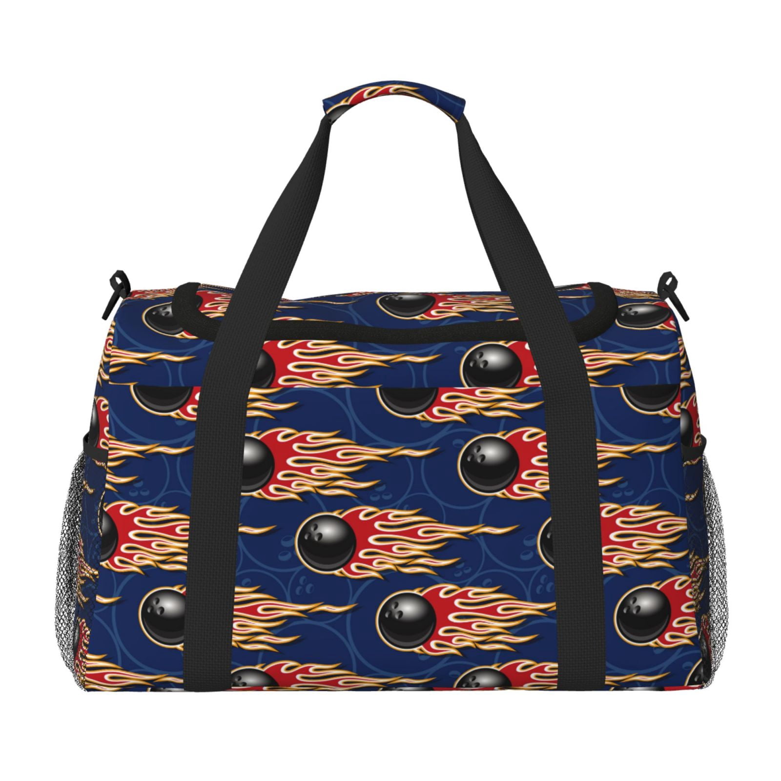 Defioc Bowling Ball And Flame Print Hand Travel Bag - Foldable Travel Duffel Bags for Men Women -Sport Gym Bag - Overnight Travel Duffel Bag - Adjustable Shoulder Strap