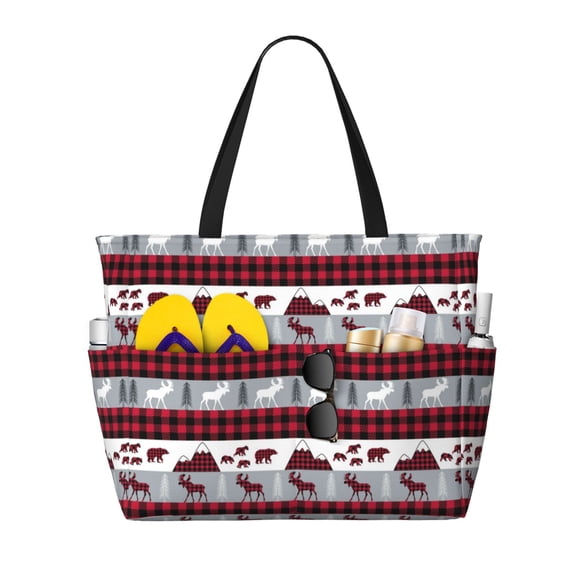 Defioc Buffalo Plaid Forest Pattern Beach Bag for Women - Large Beach Tote Bag Waterproof Sandproof Swim Pool Bag Everyday Bag Handbags with Zipper