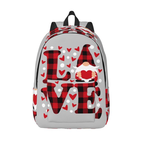 Defioc Buffalo Plaid Love And Gnome for Canvas Backpack,Travel Rucksack Unisex Knapsack Laptop Backpack for Work & College -Medium