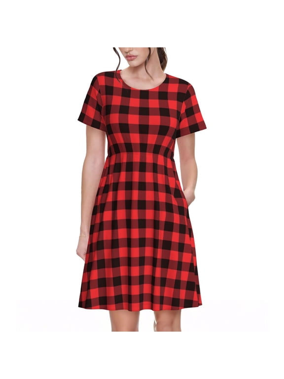 Buffalo Plaid Red Black Pattern Womens Summer Dresses Short Sleeve Sundress 2025 Beach Vacation Dresses with Pockets -Medium