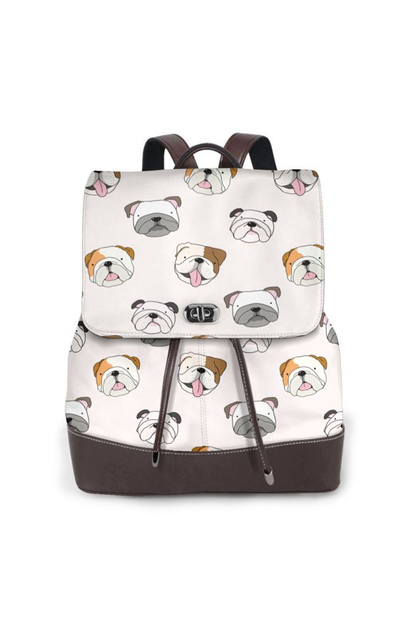 Bulldog Face Print PU Leather Backpack,Backpack Purse for Women Fashion Multipurpose Design Handbag Ladies Bags Travel Backpack
