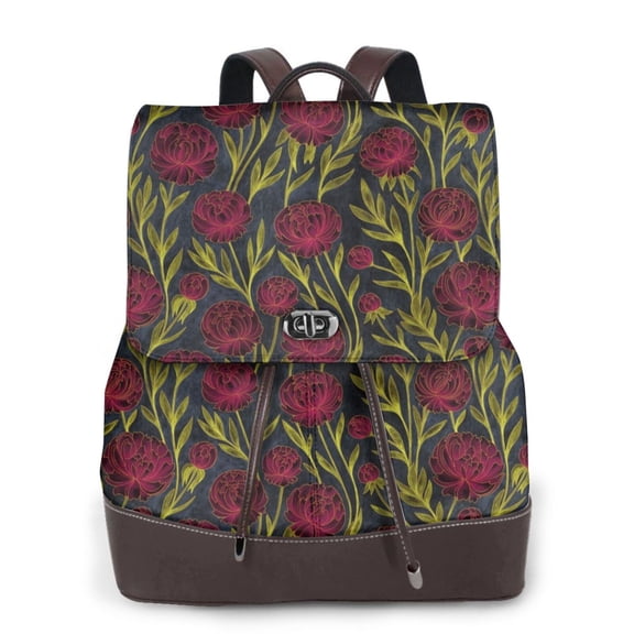 Defioc Burgundy Peony Flowers Print PU Leather Backpack,Backpack Purse for Women Fashion Multipurpose Design Handbag Ladies Bags Travel Backpack