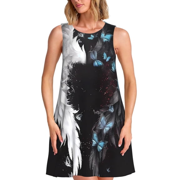 Defioc Butterfly Angel Wings Art Pattern Women's Summer Dresses 2025 Beach Casual Sleeveless Tank Loose Sundress Beach Vacation Clothes with Pocket -X-Large