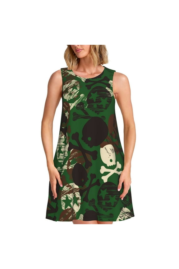 Camouflage Skull Pattern Women's Summer Dresses 2025 Beach Casual Sleeveless Tank Loose Sundress Beach Vacation Clothes with Pocket -XX-Large