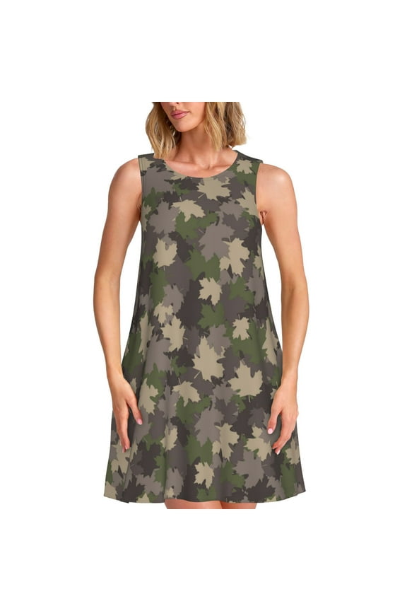 Camouflage maple Pattern Women's Summer Dresses 2025 Beach Casual Sleeveless Tank Loose Sundress Beach Vacation Clothes with Pocket -Large