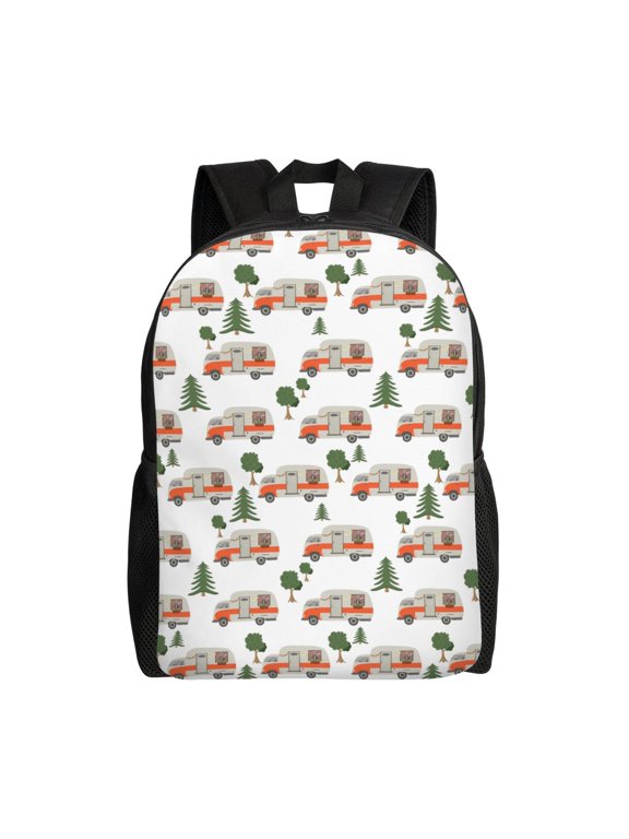 Camp Van Print Backpack -Travel,or Work Bookbag Daypacks with 15-Inch Laptop Sleeve and Dual Water Bottle Pockets