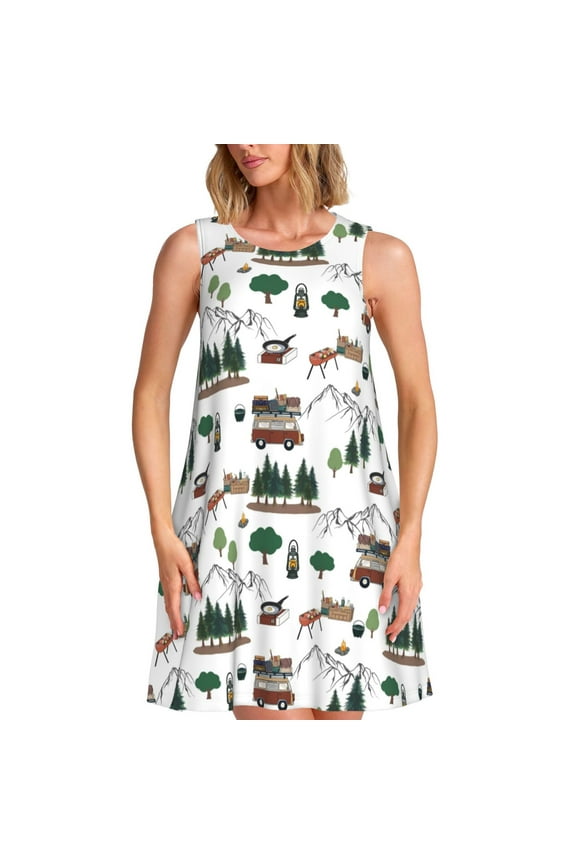 Camping Caravan 2 Pattern Women's Summer Dresses 2025 Beach Casual Sleeveless Tank Loose Sundress Beach Vacation Clothes with Pocket -Large