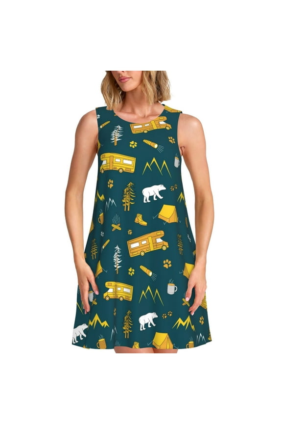 Camping Pattern Women's Summer Dresses 2025 Beach Casual Sleeveless Tank Loose Sundress Beach Vacation Clothes with Pocket -Medium