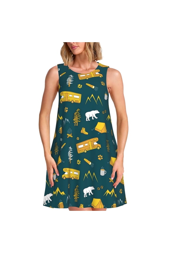 Camping Pattern Women's Summer Dresses 2025 Beach Casual Sleeveless Tank Loose Sundress Beach Vacation Clothes with Pocket -X-Large