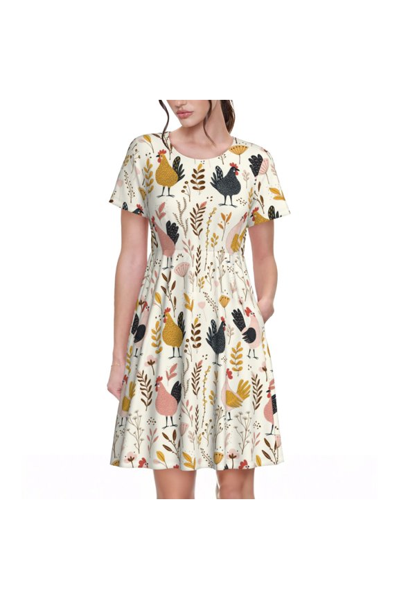 Cartoon Chickens Pattern Womens Summer Dresses Short Sleeve Sundress 2025 Beach Vacation Dresses with Pockets -XX-Large