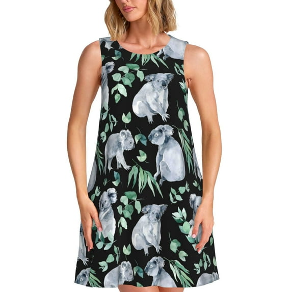 Defioc Cartoon Koala Bear Pattern Women's Summer Dresses 2025 Beach Casual Sleeveless Tank Loose Sundress Beach Vacation Clothes with Pocket -X-Large