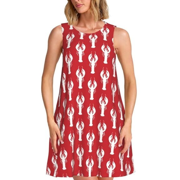 Defioc Cartoon Lobster Pattern Women's Summer Dresses 2025 Beach Casual Sleeveless Tank Loose Sundress Beach Vacation Clothes with Pocket -X-Large