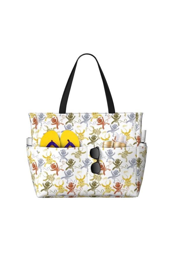 Cartoon Monkey Pattern Beach Bag for Women - Large Beach Tote Bag Waterproof Sandproof Swim Pool Bag Everyday Bag Handbags with Zipper