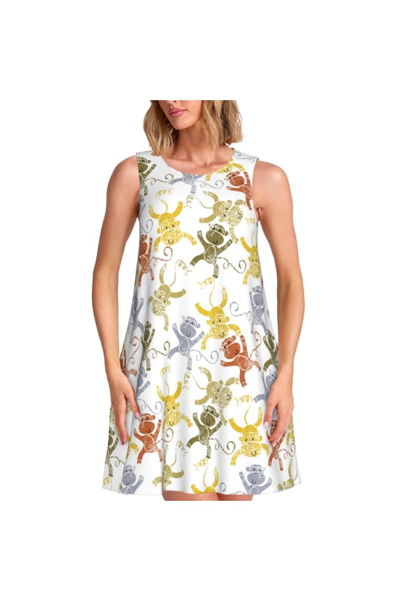 Cartoon Monkey Pattern Women's Summer Dresses 2025 Beach Casual Sleeveless Tank Loose Sundress Beach Vacation Clothes with Pocket -XX-Large