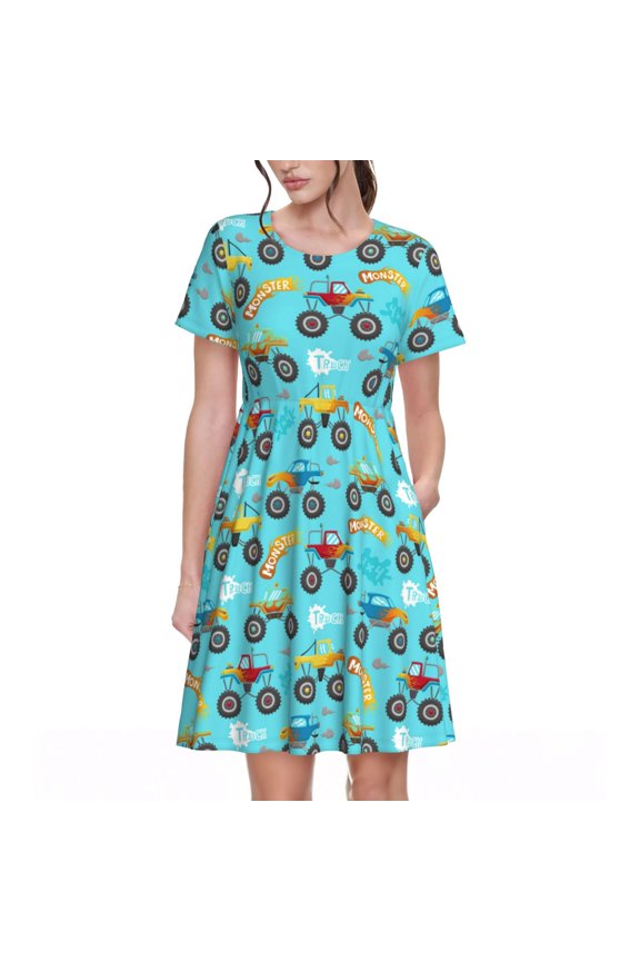 Cartoon Monster Truck Pattern Womens Summer Dresses Short Sleeve Sundress 2025 Beach Vacation Dresses with Pockets -XX-Large