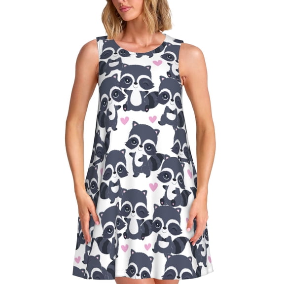 Defioc Cartoon Raccoon Pattern Women's Summer Dresses 2025 Beach Casual Sleeveless Tank Loose Sundress Beach Vacation Clothes with Pocket -Medium