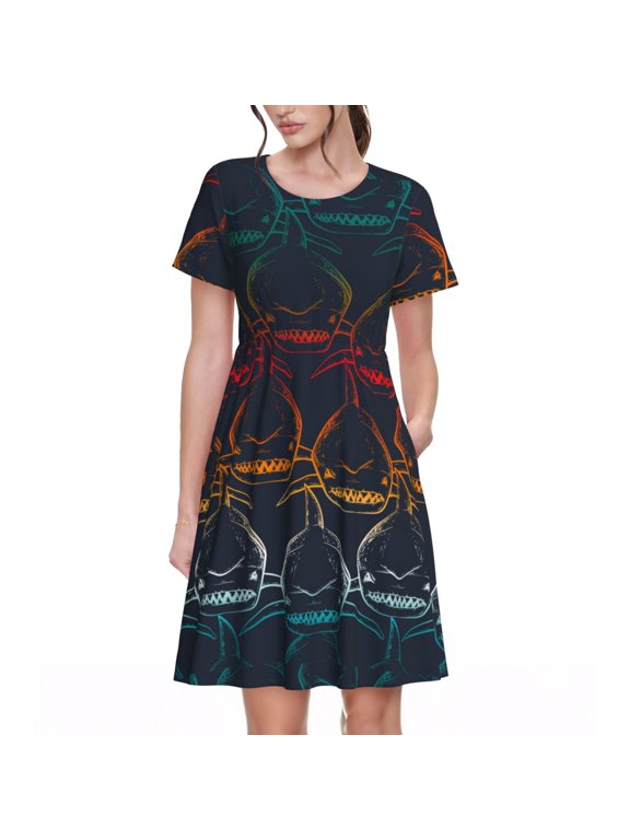 Cartoon Sharks Pattern Womens Summer Dresses Short Sleeve Sundress 2025 Beach Vacation Dresses with Pockets -Medium