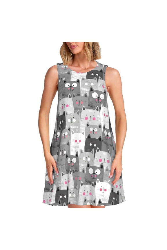 Cats Group Pattern Women's Summer Dresses 2025 Beach Casual Sleeveless Tank Loose Sundress Beach Vacation Clothes with Pocket -3X-Large