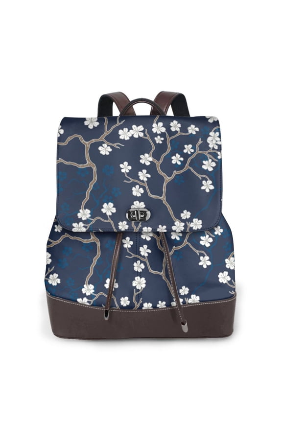 Cherry Blossoms on Navy Background Print PU Leather Backpack,Backpack Purse for Women Fashion Multipurpose Design Handbag Ladies Bags Travel Backpack