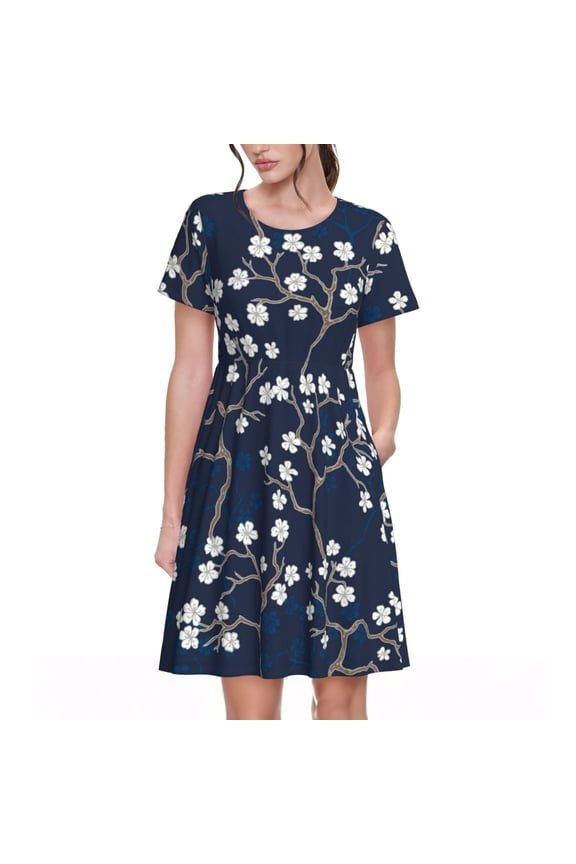 Cherry Blossoms on Navy Background Pattern Womens Summer Dresses Short Sleeve Sundress 2025 Beach Vacation Dresses with Pockets -X-Large