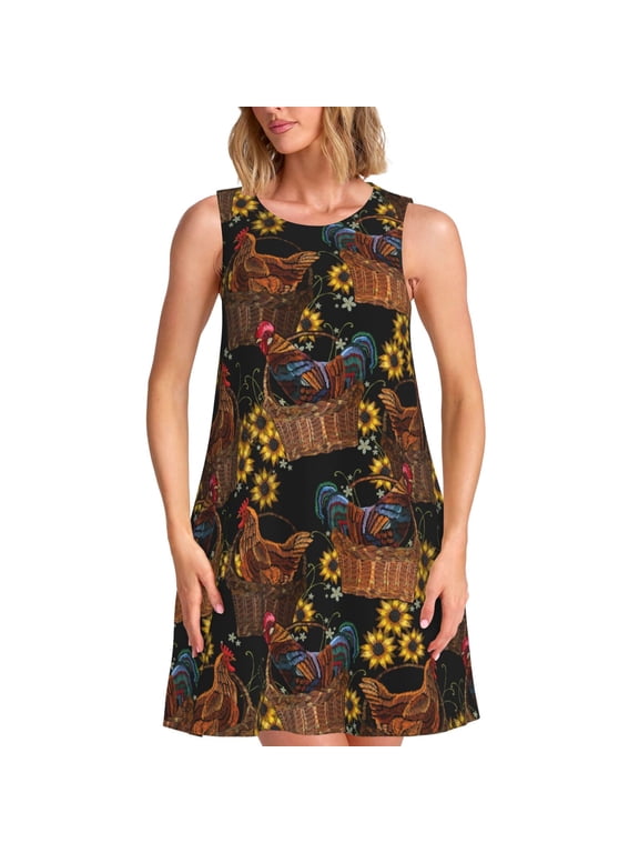 Chicken Rooster Pattern Women's Summer Dresses 2025 Beach Casual Sleeveless Tank Loose Sundress Beach Vacation Clothes with Pocket -X-Large