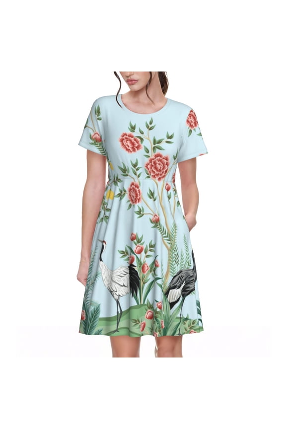 Chinoiserie Floral Palm Tree Pattern Womens Summer Dresses Short Sleeve Sundress 2025 Beach Vacation Dresses with Pockets -Medium