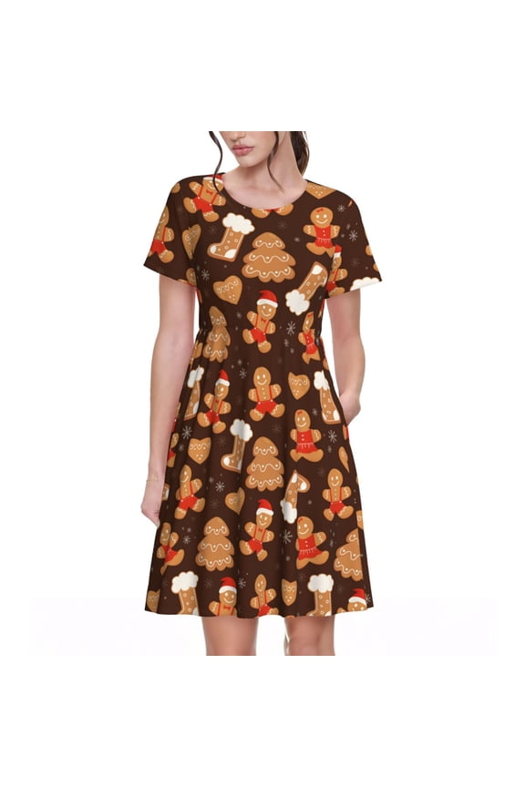 Christmas Gingerbread Cookies Pattern Womens Summer Dresses Short Sleeve Sundress 2025 Beach Vacation Dresses with Pockets -XX-Large