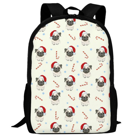 Defioc Christmas Pug Dog Pattern Carry on Backpack,16.5x12.5x5.5 Personal Item Bag Carry On Backpack Water Resistant Lightweight Daypack